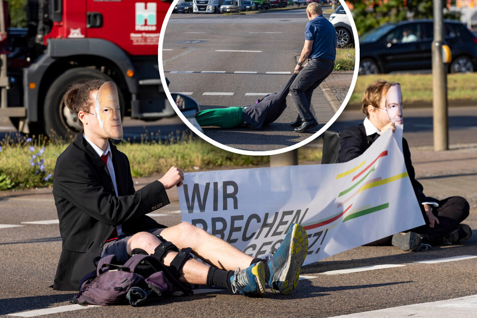 Verkleidet als Politiker: "Letzte Generation" legt Verkehr am Dresdner Elbepark lahm