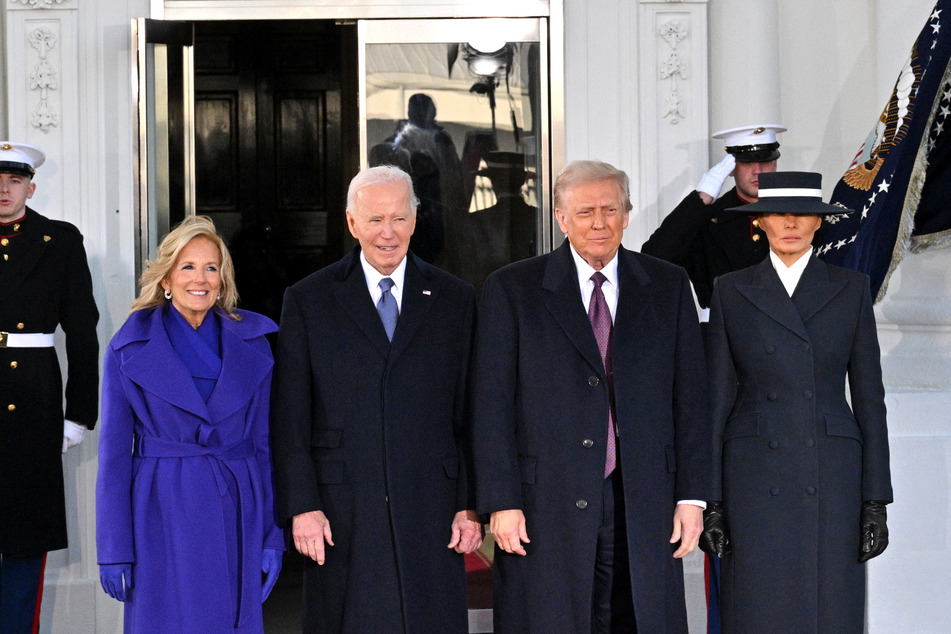 (From l. to r.) First Lady Jill Biden and President Joe Biden pose alongside President-elect Donald Trump and Melania Trump as they arrive at the White House in Washington, DC, on Monday, before departing for the US Capitol where Trump will be sworn in as the 47th US President.