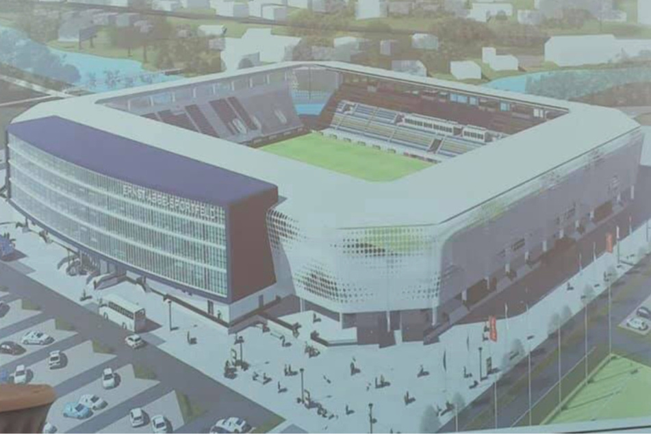So soll das neue Ernst-Abbe-Sportfeld des FC Carl Zeiss Jena aussehen. Die Bauvorhaben für das neue Stadionrund haben offiziell begonnen.