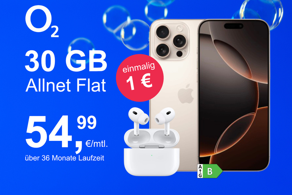 Das iPhone 16 Pro Max + AirPods Pro im o2 Mobile M für einmalig 1 Euro.