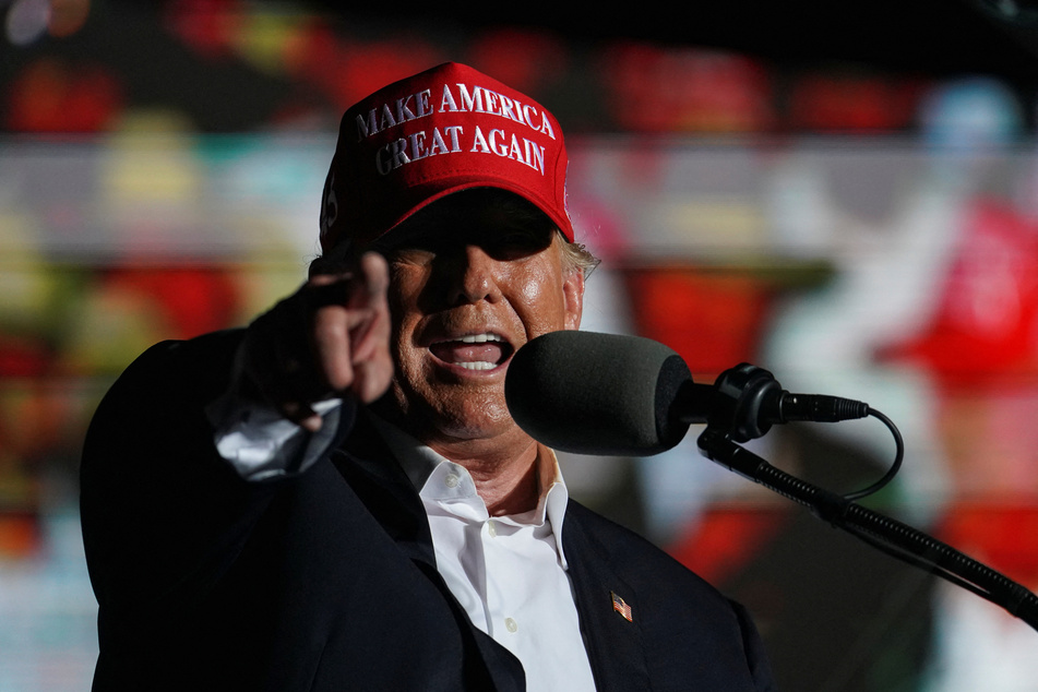 Ex-president Donald Trump points a finger during a rally in Robstown, Texas, on October 22, 2022.