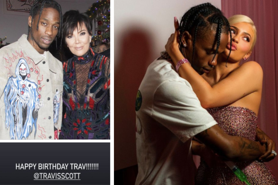 Kris Jenner and Kim Kardashian posted birthday messages to Travis Scott on Instagram (l.). Travis Scott posing with Kylie Jenner on her birthday in years past (r.).