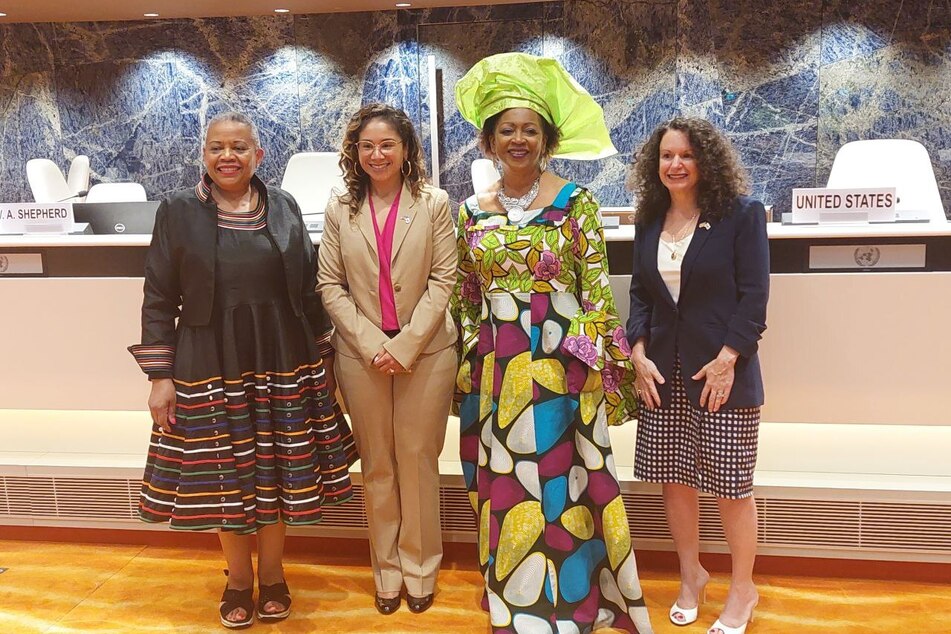 From left to right: US special rapporteur Pansy Tlakula, US State Department Special Representative for Racial Equity and Justice Desirée Cormier Smith, CERD Chair Dr. Verene Shepherd, and US Permanent Representative to the UNHRC Michèle Taylor at the United Nations in Geneva, Switzerland.