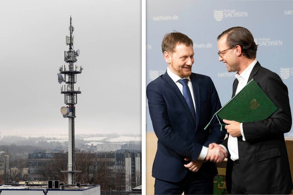 MP Michael Kretschmer (47, CDU, l.) und Michael Jungwirth (49) von Vodafone unterzeichneten am Montag den Vertrag zum Ausbau des 5G+-Netzes in Sachsen. Zusätzliche Masten sind für das neue Netz nicht erforderlich.