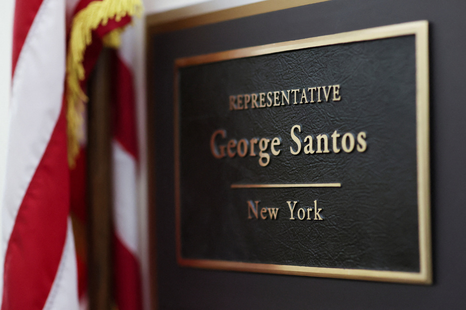 The office sign of embattled new US Representative George Santos outside his House office in Washington DC.