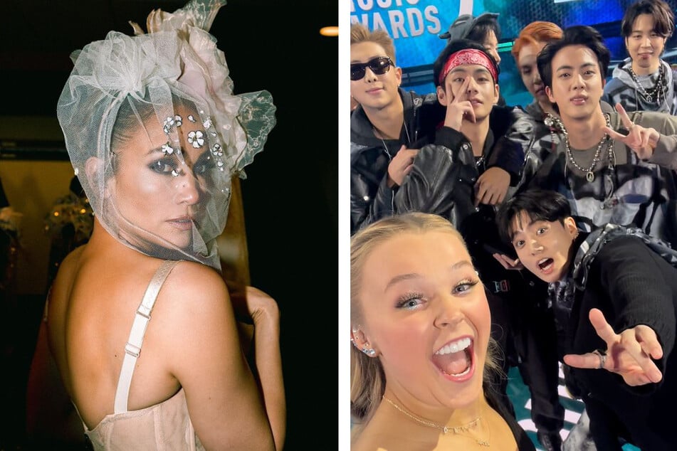Jennifer Lopez (l.) was a blushing bride as she donned a corseted wedding gown while performing the song, On My Way. JoJo Siwa (l.) took an AMA selfie with BTS (r.).