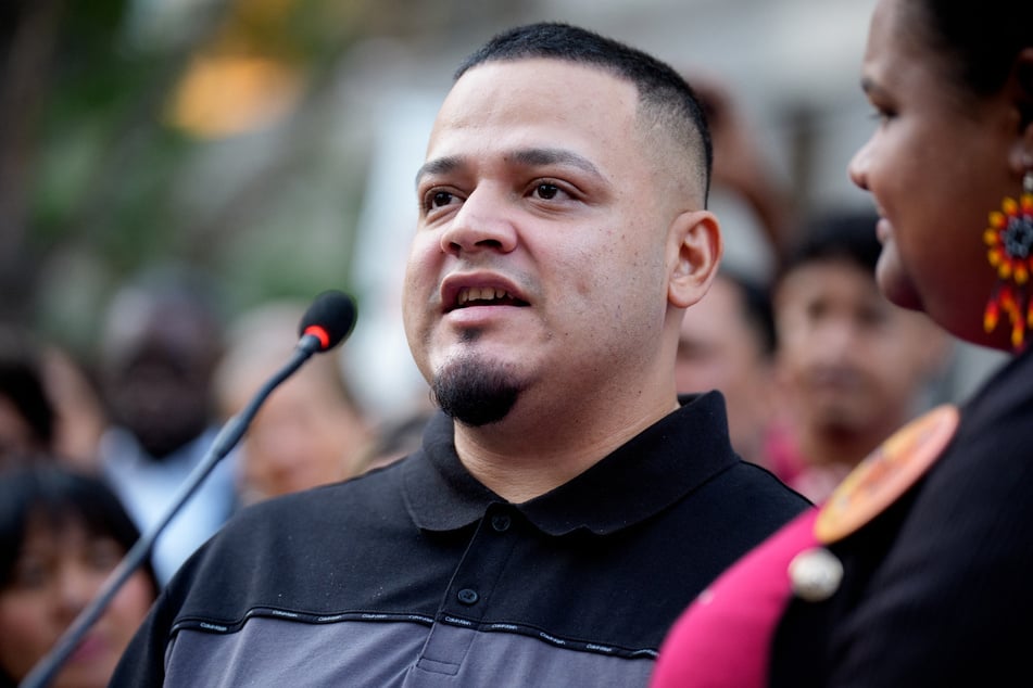Kilmar Abrego Garcia speaks during a rally and prayer vigil for him before he enters an ICE field office in Baltimore, Maryland, on August 25, 2025.