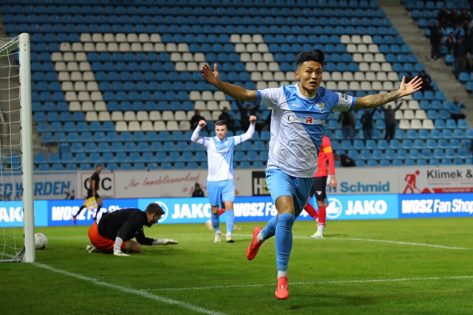 Jongmin Seo (22) nach seinem Siegtor gegen Altglienicke. Schon in Luckenwalde machte er mit dem Tor zum 2:0 den Sack zu. Der Südkoreaner wird immer wichtiger für den CFC.