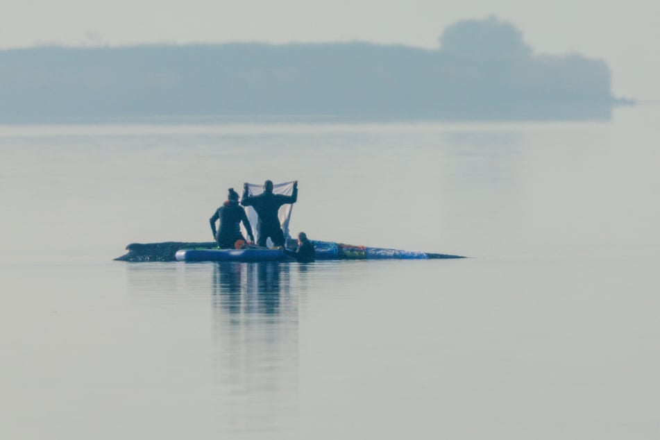 Helfer bedecken den Wal mit Tüchern.