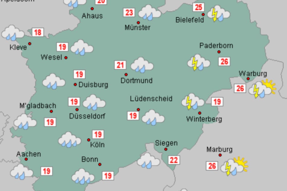 Besonders im Osten von NRW ist zur Wochenmitte mit Starkregen zu rechnen.