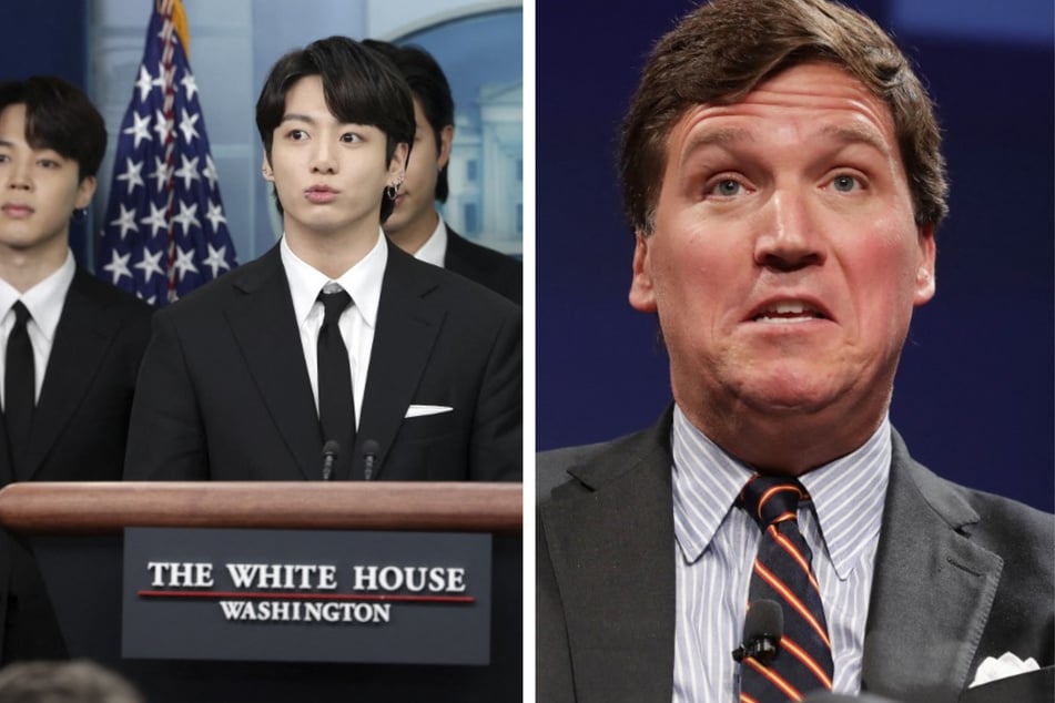 Fox News host Tucker Carlson (r.) made disparaging comments about K-pop group BTS' recent trip to the White House.