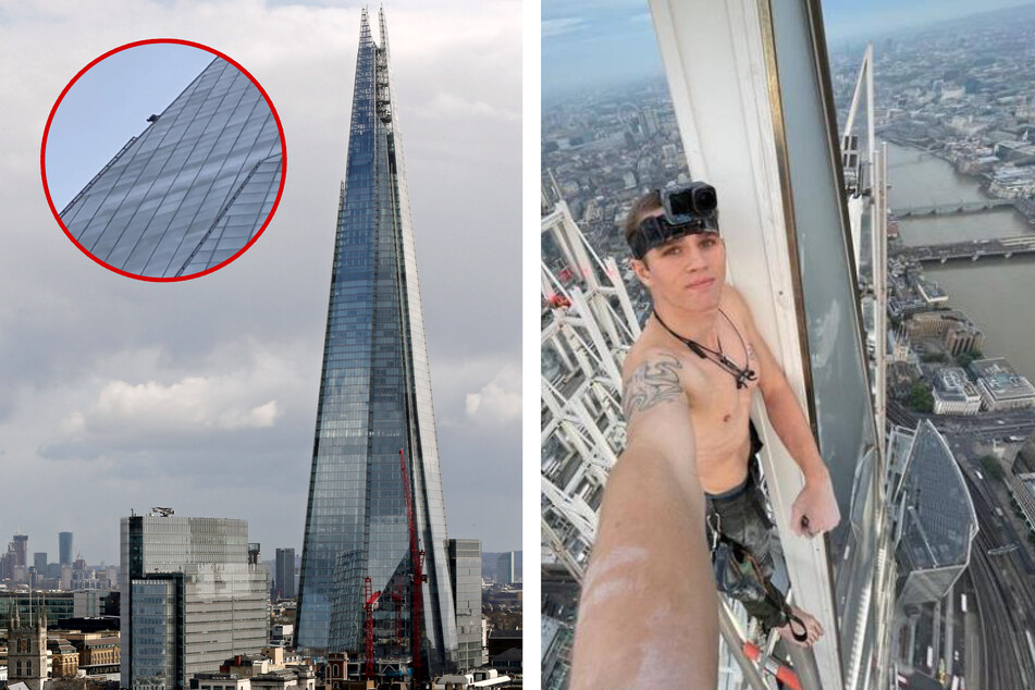 Mann klettert barfuß und ungesichert auf riesigen Wolkenkratzer