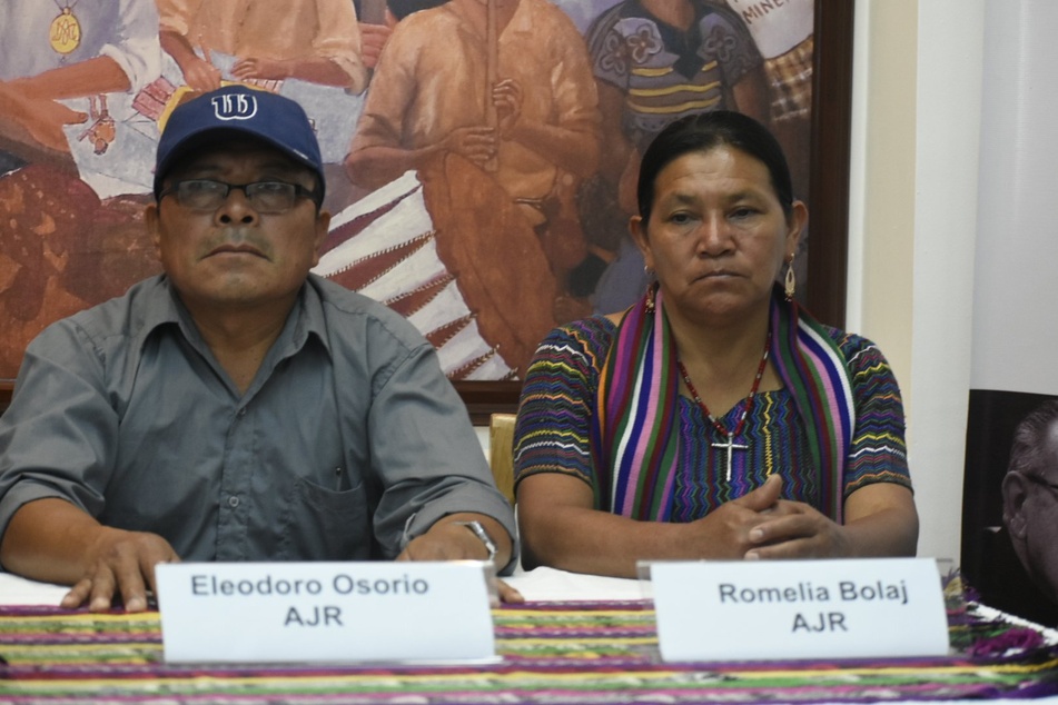 Eleodoro Osorio and Romelia Bolaj of the Association for Justice and Reconciliation speak at a press conference on the genocide case against ex-Guatemala General Manuel Benedicto Lucas García.