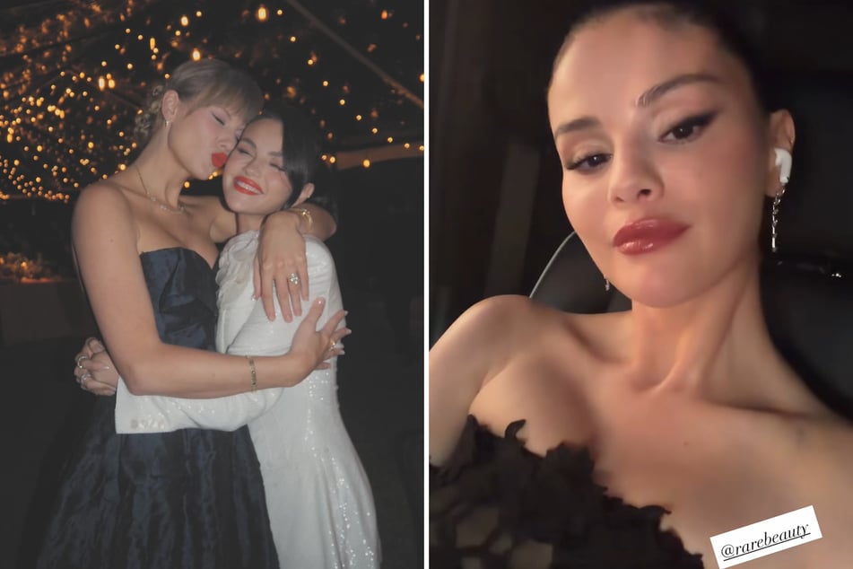 Selena Gomez teased her look for Taylor Swift's (l.) pre-wedding rehearsal dinner.