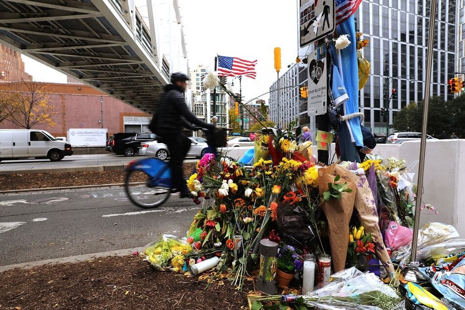 Flowers mark the location where Sayfullo Saipov crashed into a cyclist along a Manhattan bike path.