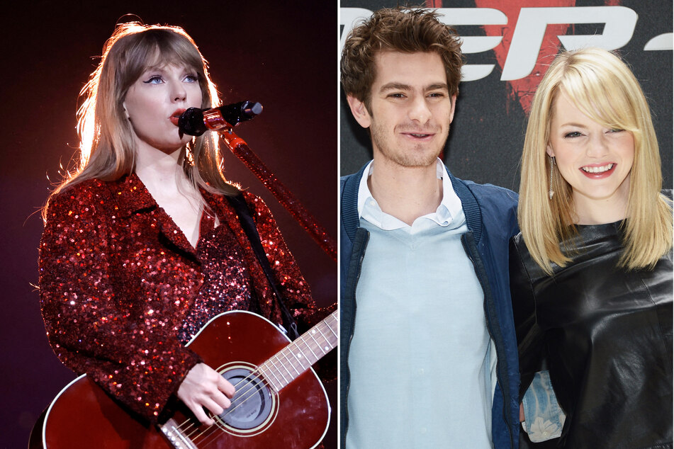 Taylor Swift (l) is dropping the vault track When Emma Falls In Love on July 7, and fans are convinced it's about Emma Stone (r) and Andrew Garfield.