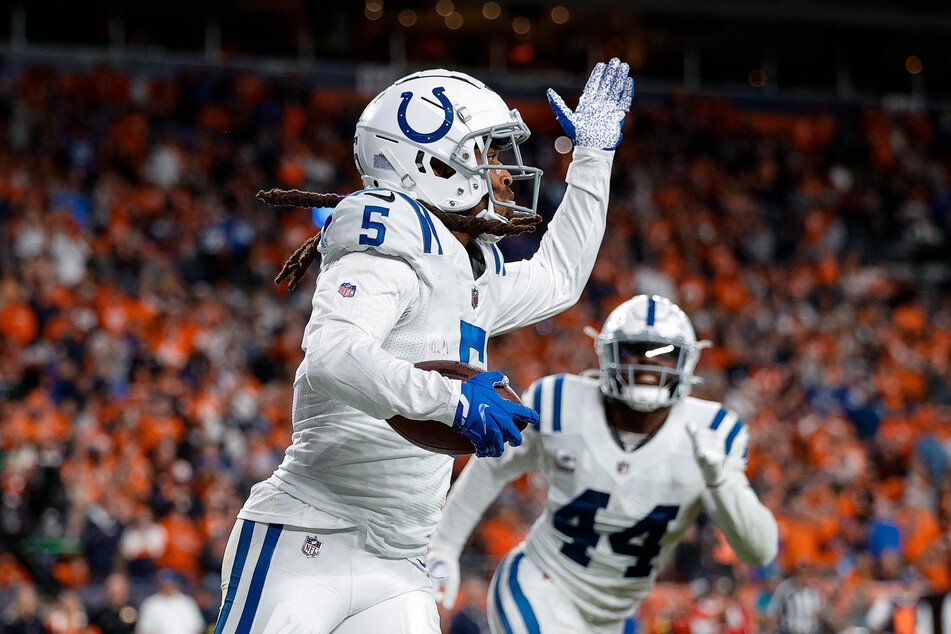 Indianapolis Colts cornerback Stephon Gilmore reacts after an interception in the fourth quarter against the Denver Broncos.
