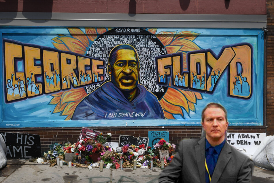 A mural of George Floyd (l) turned into a memorial at George Floyd Square, which celebrated Chauvin's sentencing on Friday.