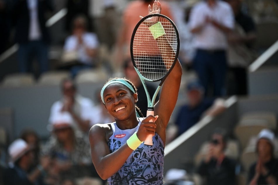 US' Coco Gauff celebrated after defeating Italy's Martina Trevisan in the women's French Open semifinal in singles.