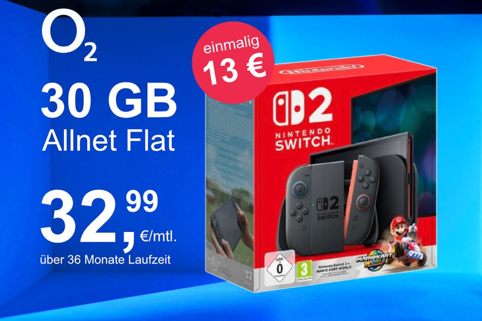 Die Nintendo Switch 2 plus Mario Kart World im o2 Mobile M inkl. 30 GB+ für einmalig nur 13 Euro.