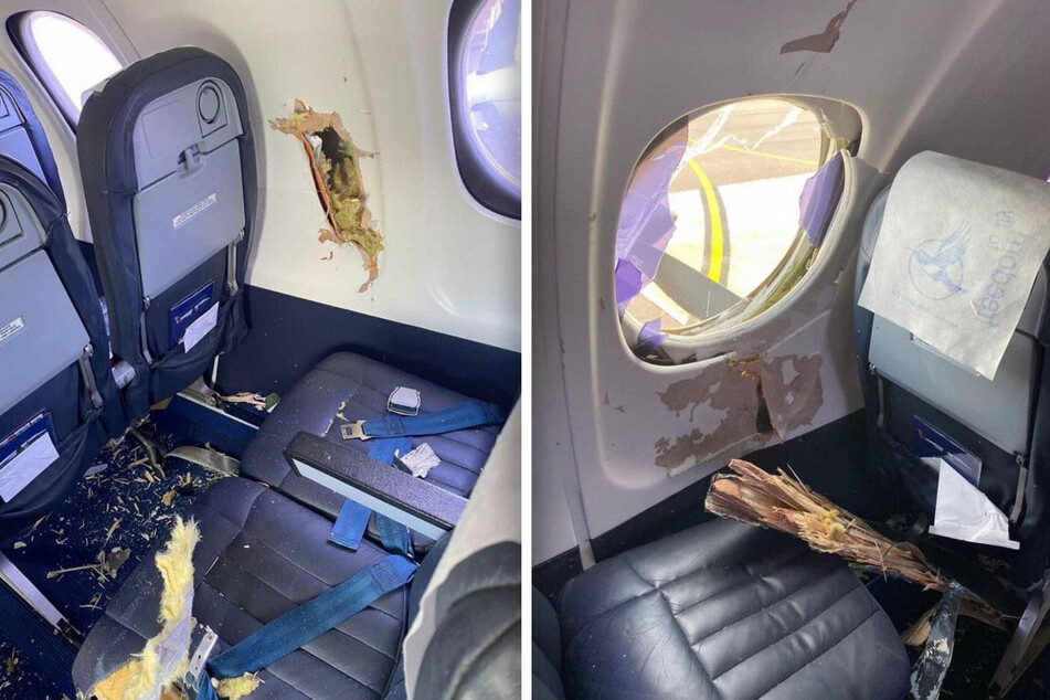 Der abgebrochene Propeller riss ein großes Loch in der Hülle des Flugzeugs und zerstörte ein Fenster.