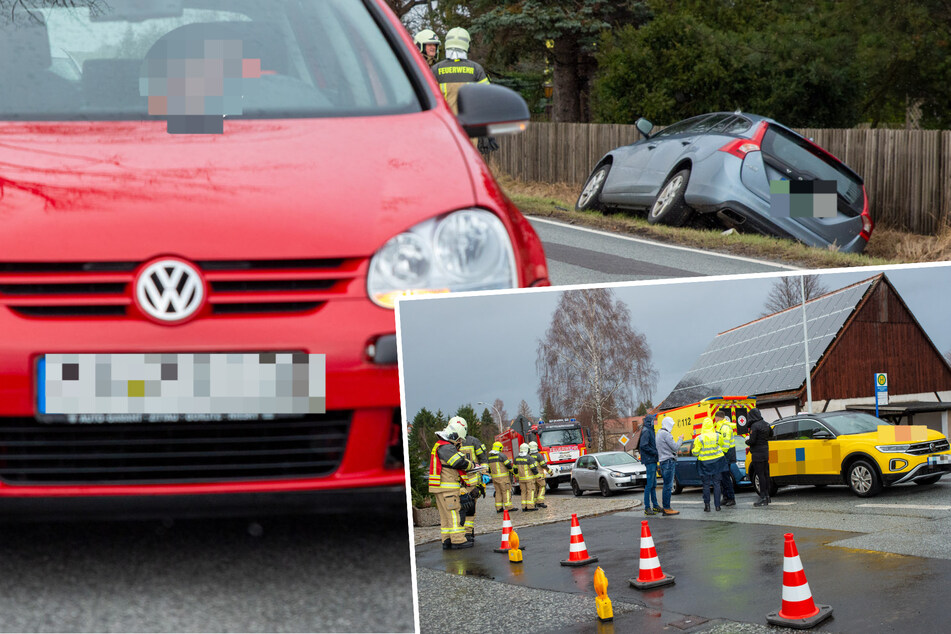 Doppel-Crash: Erst landet ein Volvo im Graben, dann schiebt ein Golf Autos zusammen