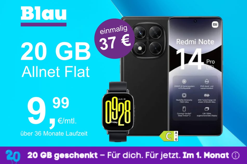 Das Xiaomi Redmi Note 14 Pro + Watch 5 Active im Blau Allnet M für einmalig 37 Euro.