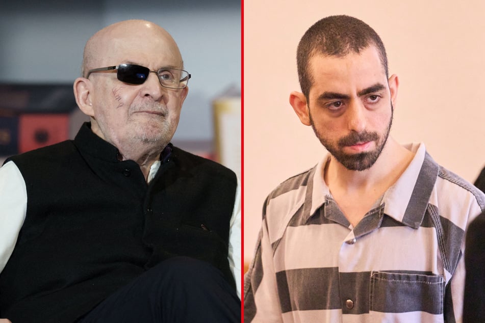 Hadi Matar (r) has been convicted of terrorism charges over the 2022 stabbing of author Salman Rushdie.