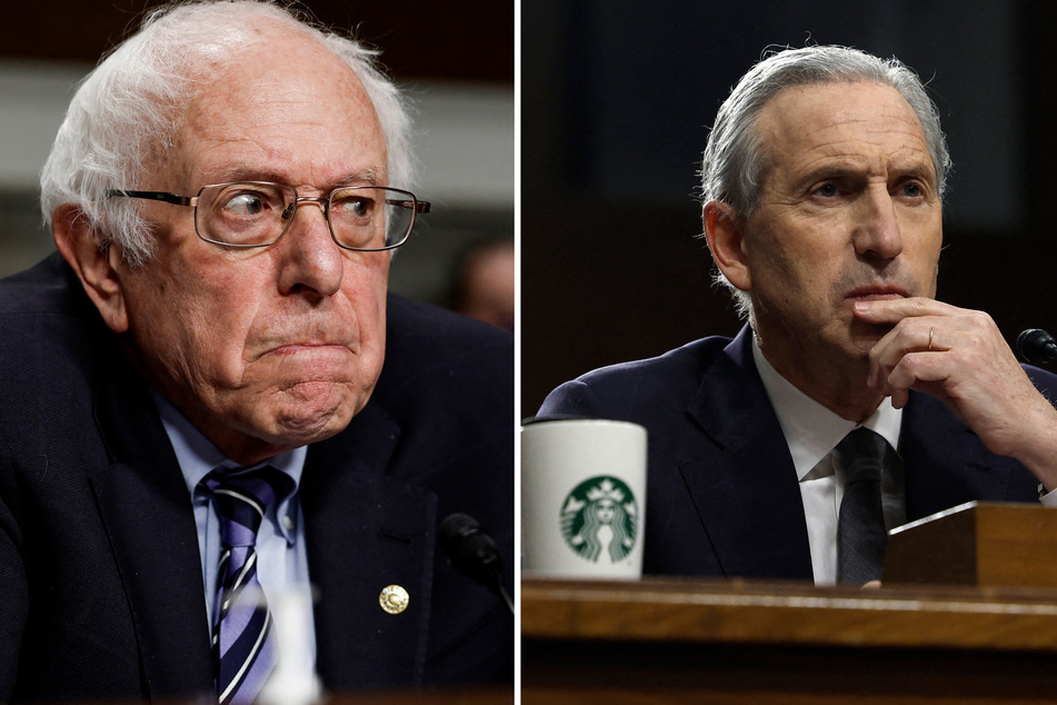 Former Starbucks CEO Howard Schultz (r) was grilled by Senator Bernie Sanders about the company's alleged union-busting.