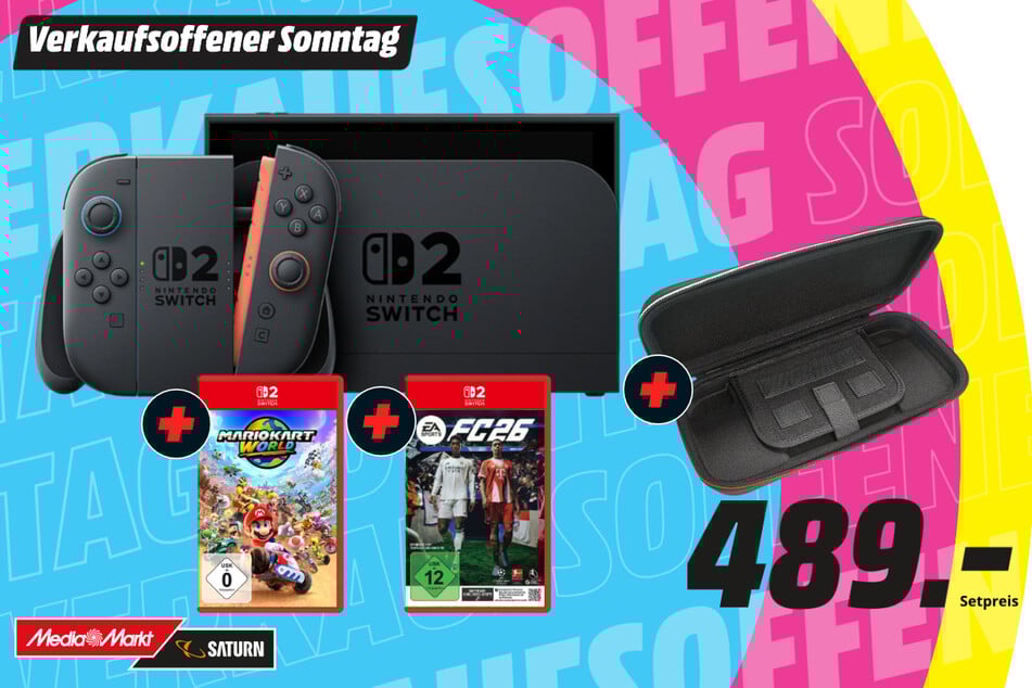 Nintendo Switch 2 plus Games und Gaminghülle für 489 Euro.