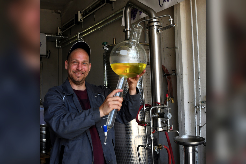 Kai Svensson betreibt die Destillationstechnik zur Gewinnung von reinem Öl.
