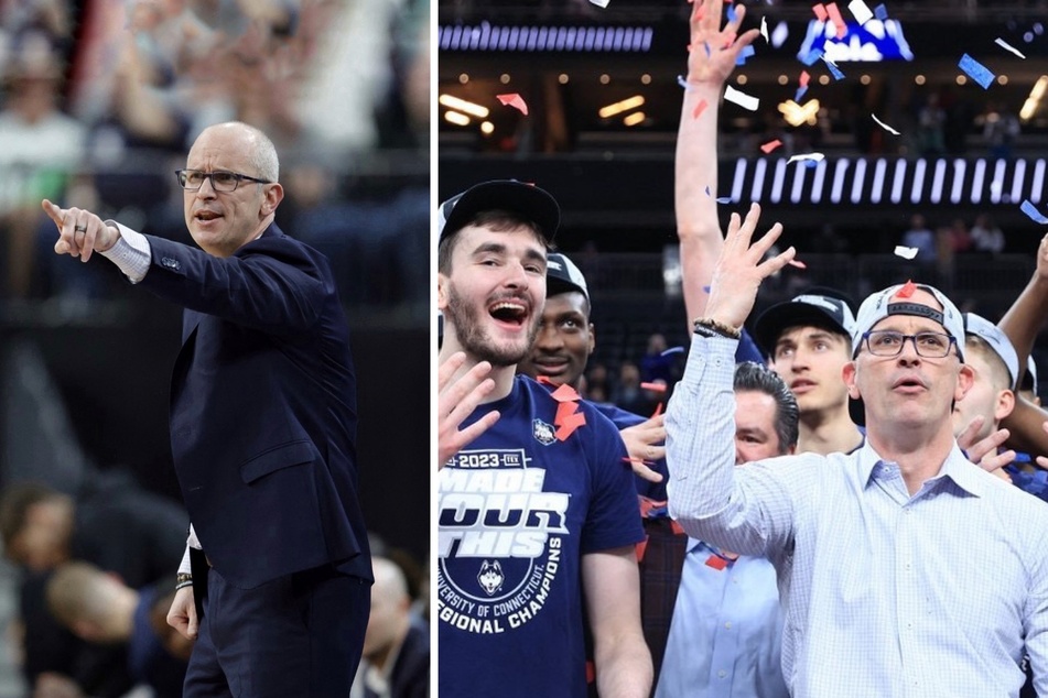 UConn men's basketball head coach Dan Hurley (l) and the Huskies are preparing for the team's NCAA March Madness Final Four game.