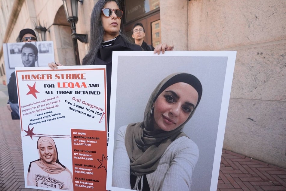 Columbia students, professors, and supporters demand the release of Leqaa Kordia in front of the university’s gates on March 9, 2026.
