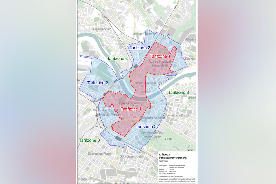 So sollen die neuen Tarifzonen aussehen. Die Innere Neustadt gehört dann mit zu den teuersten Parkgebieten (rot). Tarifzone 2 (blau) wird ausgeweitet.