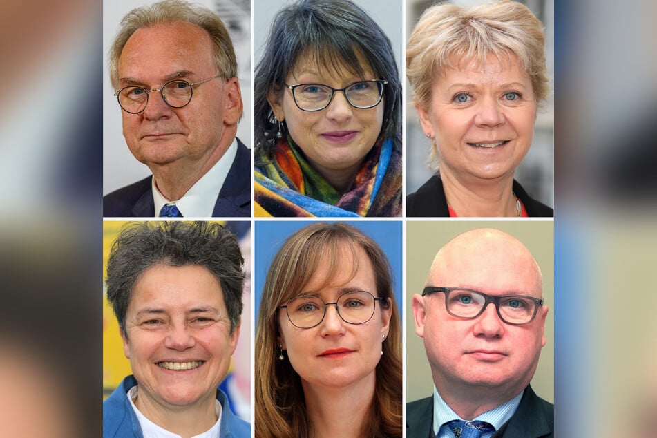 O. l.-r.: Reiner Haseloff (CDU), Katja Pähle (SPD), Cornelia Lüddemann (Grüne), U. l.-n.r.: Lydia Hüskens (FDP), Eva von Angern (Linke) und Oliver Kirchner (AfD) treten gegeneinander an.