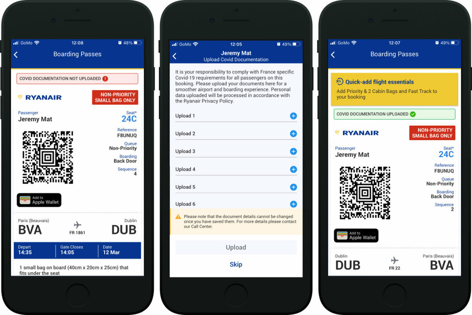 So sieht es aus: Kunden können ihre Corona-Dokumente in der Ryanair-App hochladen.
