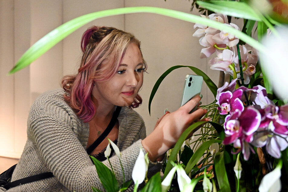 Besucherin Juliane (25) fotografiert auf der Orchideenschau die prächtigen Blüten.