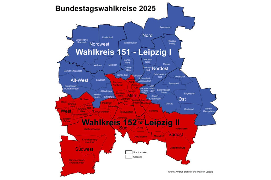 Stadt der Extreme: Eine unsichtbare Mauer teilt Leipzig in eine blaue und eine dunkelrote Zone. Im Nord-Wahlkreis (151) dominiert die AfD, im Süden (152) die Linke.