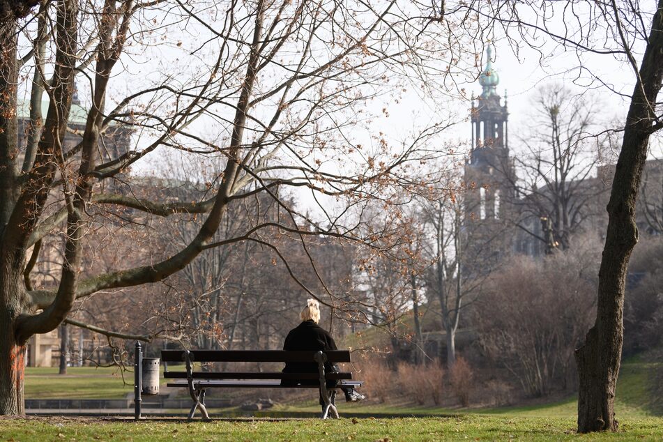 Eine Frau sitzt am Zwingerteich in Dresden. In gesamt Sachsen sinkt die Inzidenz (aktuell: 81,1), liegt aber über den bundesweiten Schnitt von 65,4.