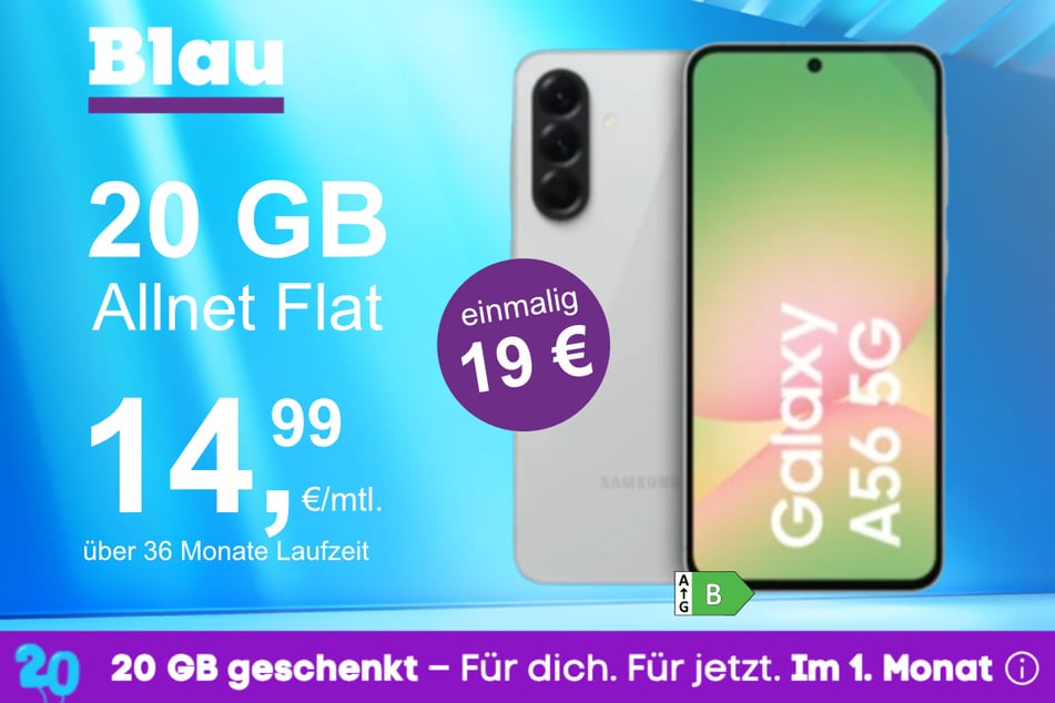 Das Samsung Galaxy A56 5G im Blau Allnet M für einmalig 19 Euro.