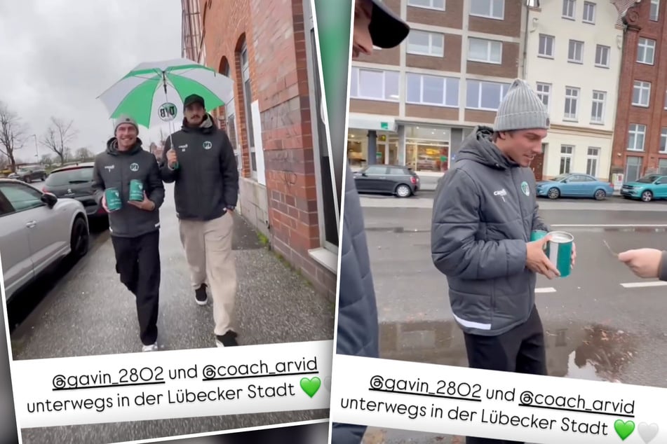 Gavin Didzilatis (22) und Torwarttrainer Arvid Schenk (35) sammelten am Donnerstag Spenden für den VfB Lübeck.