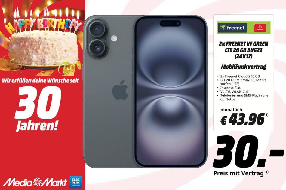 Apple iPhone 16 für 30 Euro im Tarif.