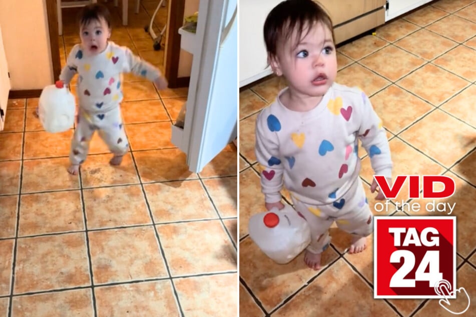 Today's Viral Video of the Day features a toddler who got swooshed around her kitchen due to a heavy milk gallon!