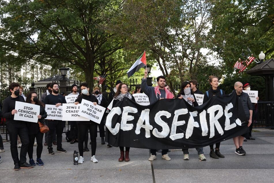Protestors participate in a demonstration, organized by Jewish Voice for Peace and the IfNotNow, to support Gaza and call for a ceasefire in the Middle East outside the White House on October 16, 2023.