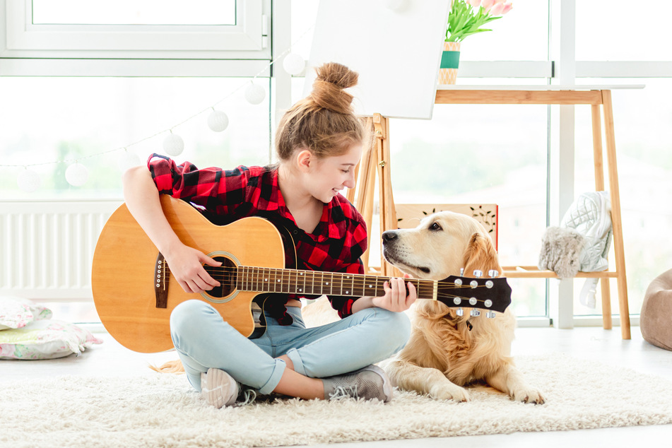 Ein Mädchen spielt ihrem Labrador auf der Gitarre vor. Ob es Musik in seinen Ohren ist? (Symbolfoto)