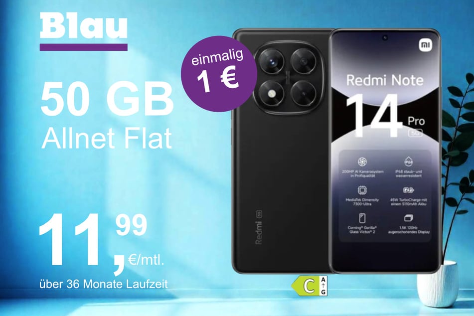 Das Xiaomi Redmi Note 14 Pro im Blau Allnet M für einmalig 1 Euro.