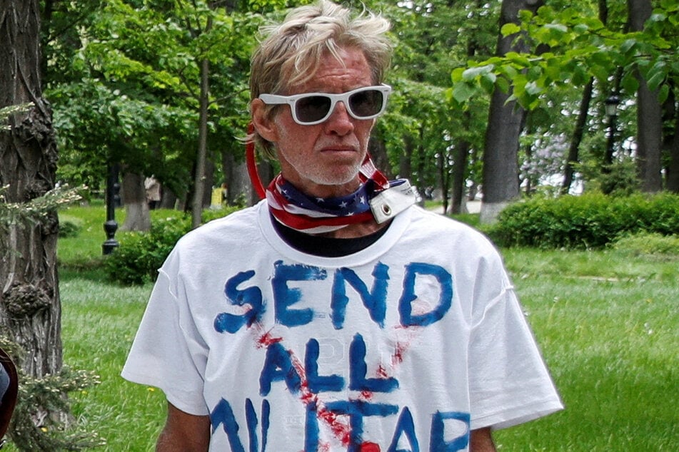 Ryan Wesley Routh is seen during a rally in Kyiv, Ukraine, demanding China's leader's assistance to organize an extraction process for Ukrainian service members from Azovstal Iron and Steel Works in Mariupol in May 2022.