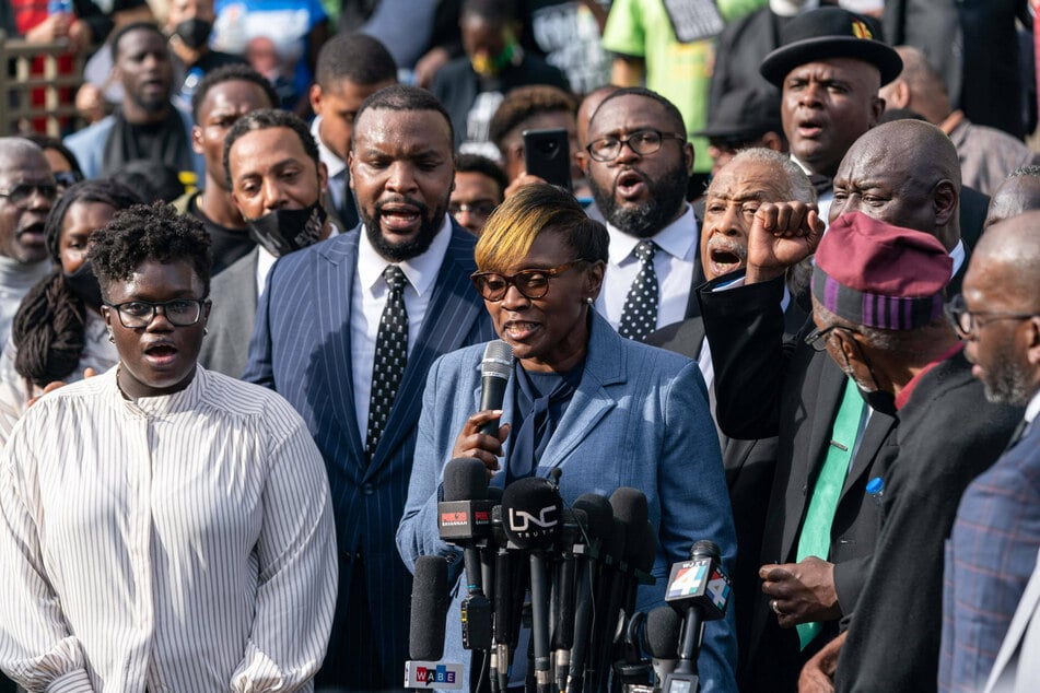 Wanda Cooper-Jones, Ahmaud Arbery's mother, addressing more than 500 people gathered outside the Glynn County Courthouse on November 18.