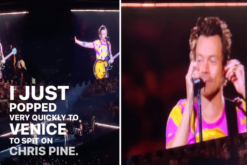 Harry Styles made a joke about the rumor that he spit on Chris Pine at the Venice Film Festival during his sold-out show at Madison Square Garden.