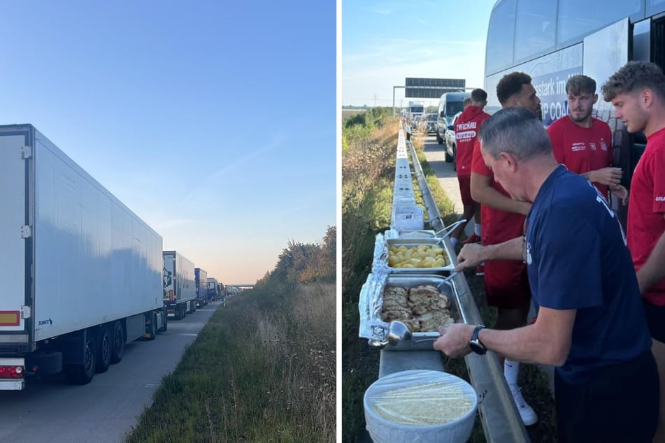 Während der Wartezeit im Stau wird improvisiert und Essen auf der Leitplanke serviert.